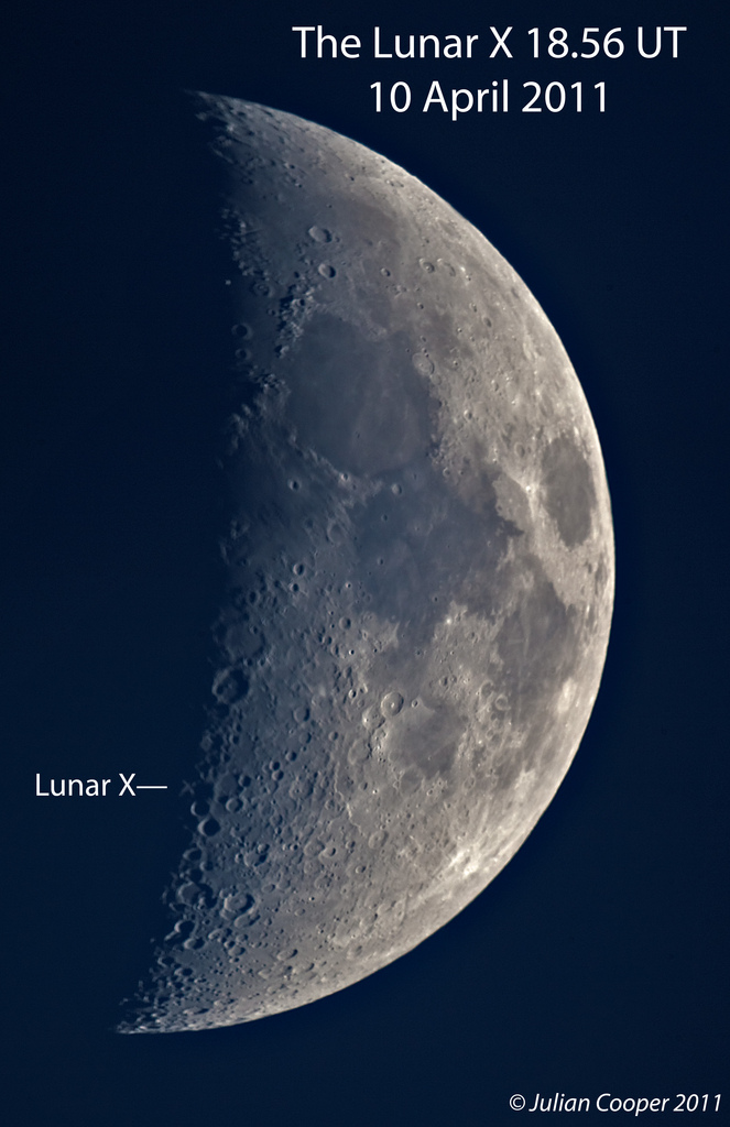 Waxing Crescent Moon 18.56 UT 10 April 2011 showing the Lunar X (mosaic of 3 images)