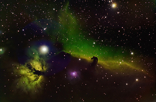 Horsehead nebula narrowband mapped color after hubble palette: Hα:[SII]:Hα:[OIII]